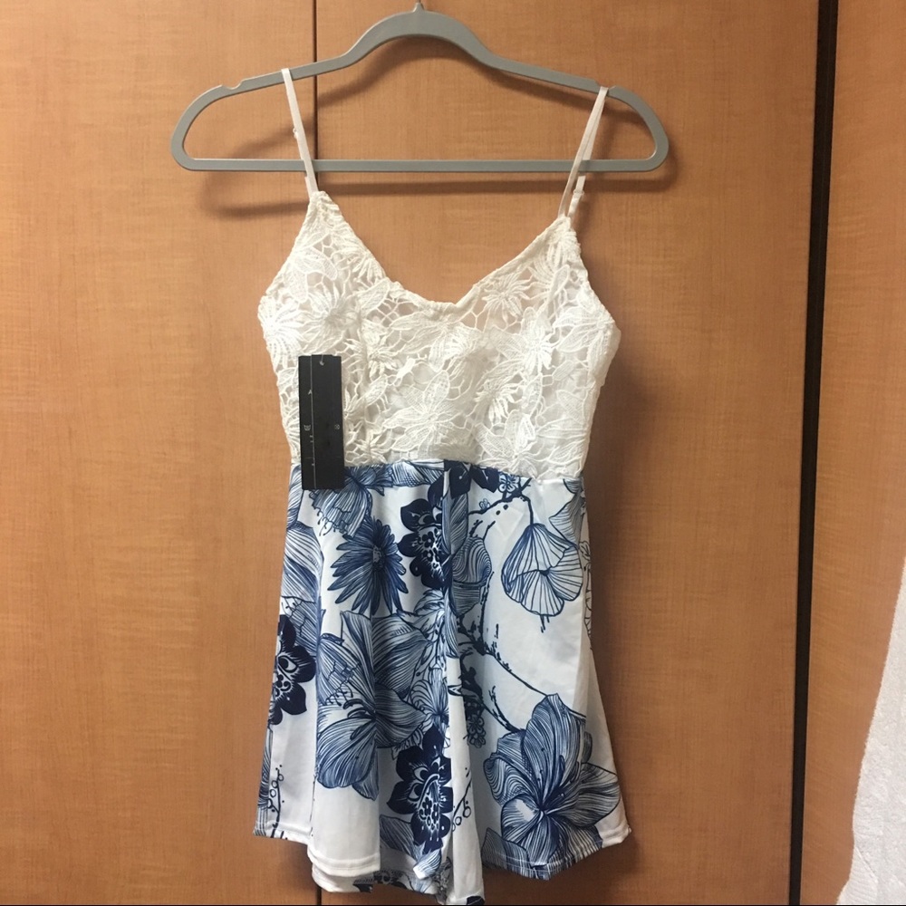 Small Blue floral summer Playsuit romper (S/M)